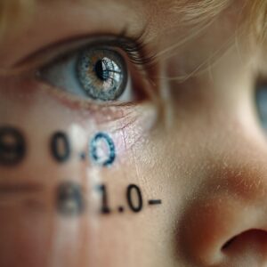 Eine Nahaufnahme eines kindlichen Gesichts, das eine betonte Augenpartie zeigt, in der faszinierende blaue Augen mit feinen Wimpern und einem reflektierenden Blick zu sehen sind. Auf der Wange sind schwarze Zahlen und Buchstaben tätowiert, die einen kontrastrierenden visuellen Effekt erzeugen.