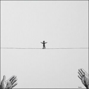 Eine kleine, zentral stehende Figur mit ausgestreckten Armen steht auf einer schmalen Linie, während zwei große Hände von unten im Bild sichtbar sind, die nach ihr greifen. Der Hintergrund ist schlicht und weiß, was die Einsamkeit und das Streben nach Verbindung betont.