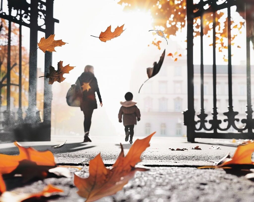 Ein Kind und eine Erwachsene, silhouettiert gegen die Sonne, gehen durch ein leicht geöffnetes Tor. Um sie herum schweben herbstliche Blätter, die sanft zu Boden fallen, während die warmen Farben des Herbstes die Szenerie umrahmen.