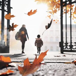 Ein Kind und eine Erwachsene, silhouettiert gegen die Sonne, gehen durch ein leicht geöffnetes Tor. Um sie herum schweben herbstliche Blätter, die sanft zu Boden fallen, während die warmen Farben des Herbstes die Szenerie umrahmen.