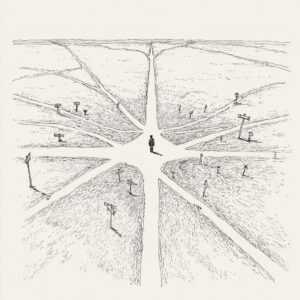 Eine stilisierte Ansicht einer weitläufigen Landschaft mit einer Person, die an einer Kreuzung aus mehreren Wegen steht. Wegweiser zeigen in verschiedene Richtungen und symbolisieren Entscheidungen und Möglichkeiten.