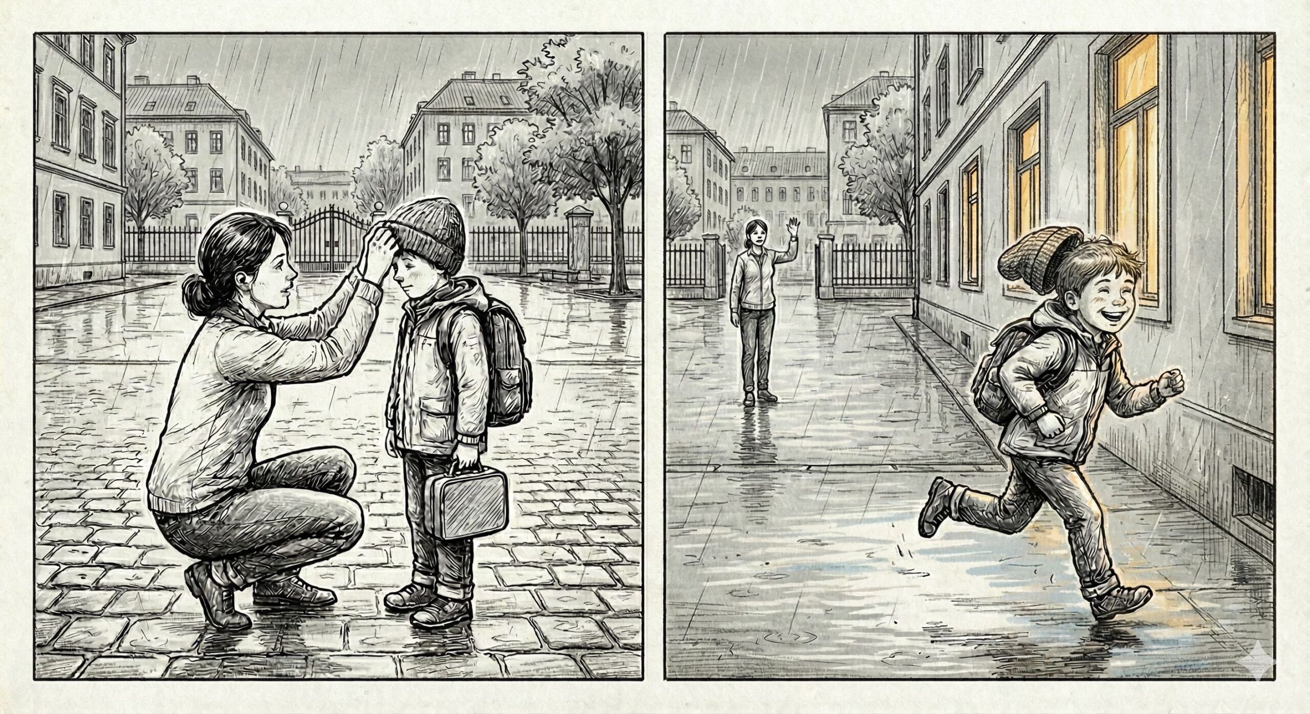 Eine Mutter kniet sich im Regen nieder, um ihrem Sohn die Mütze aufzusetzen. Der Junge schaut überrascht und glücklich. Im Hintergrund erkennt man einen schüchternen jungen Mann, der die beiden beobachtet. Auf der rechten Seite läuft der Junge fröhlich, sein Gesicht strahlt vor Freude, während er im Regen nach Hause eilt.