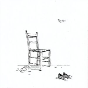 Eine skizzenhafte Darstellung eines einfachen Holzstuhls, der links im Bild steht. Vor dem Stuhl befinden sich ein Paar Sneakers und ein kleiner Gegenstand, während ein Papierflugzeug schräg darüber fliegt. Der Hintergrund ist weiß und minimalistisch.