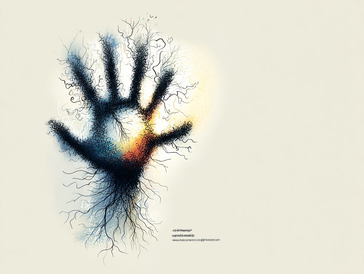 Eine künstlerische Darstellung einer Hand, die aus feinen Linien und Wurzeln besteht. Die Hand ist dunkel und strahlt Farben wie Orange und Gelb aus, während der Hintergrund hell bleibt. Die Struktur symbolisiert eine Verbindung zur Natur.