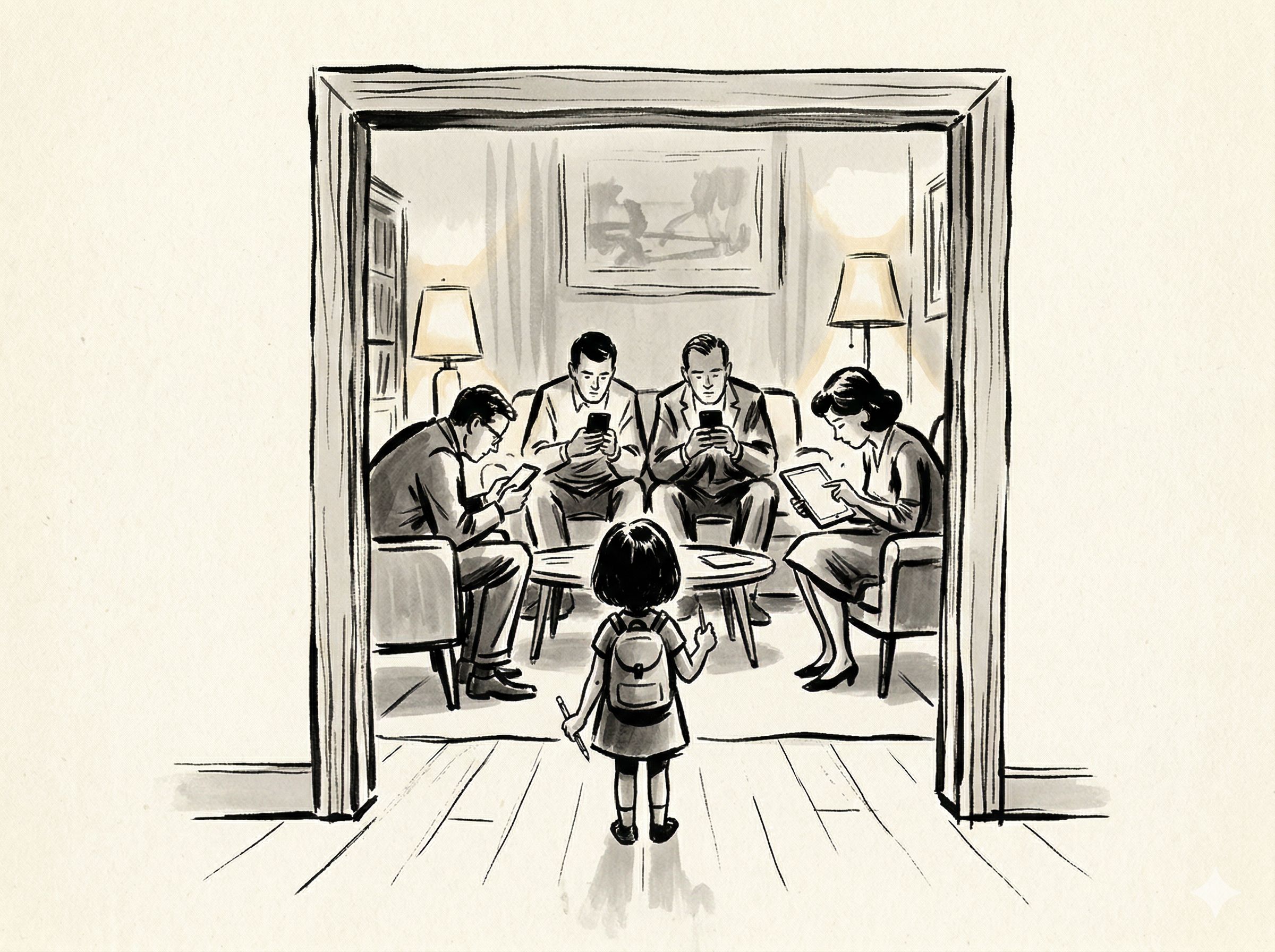 Ein kleines Mädchen steht im Türrahmen und schaut auf vier Erwachsene, die mit ihren Geräten beschäftigt sind. Die Erwachsenen sitzen gemütlich in einem Wohnzimmer, das mit einem Teppich und entspannenden Möbeln ausgestattet ist. Das Kind trägt einen Rucksack und hält einen Stift in der Hand, während es die unaufmerksamen Erwachsenen beobachtet.