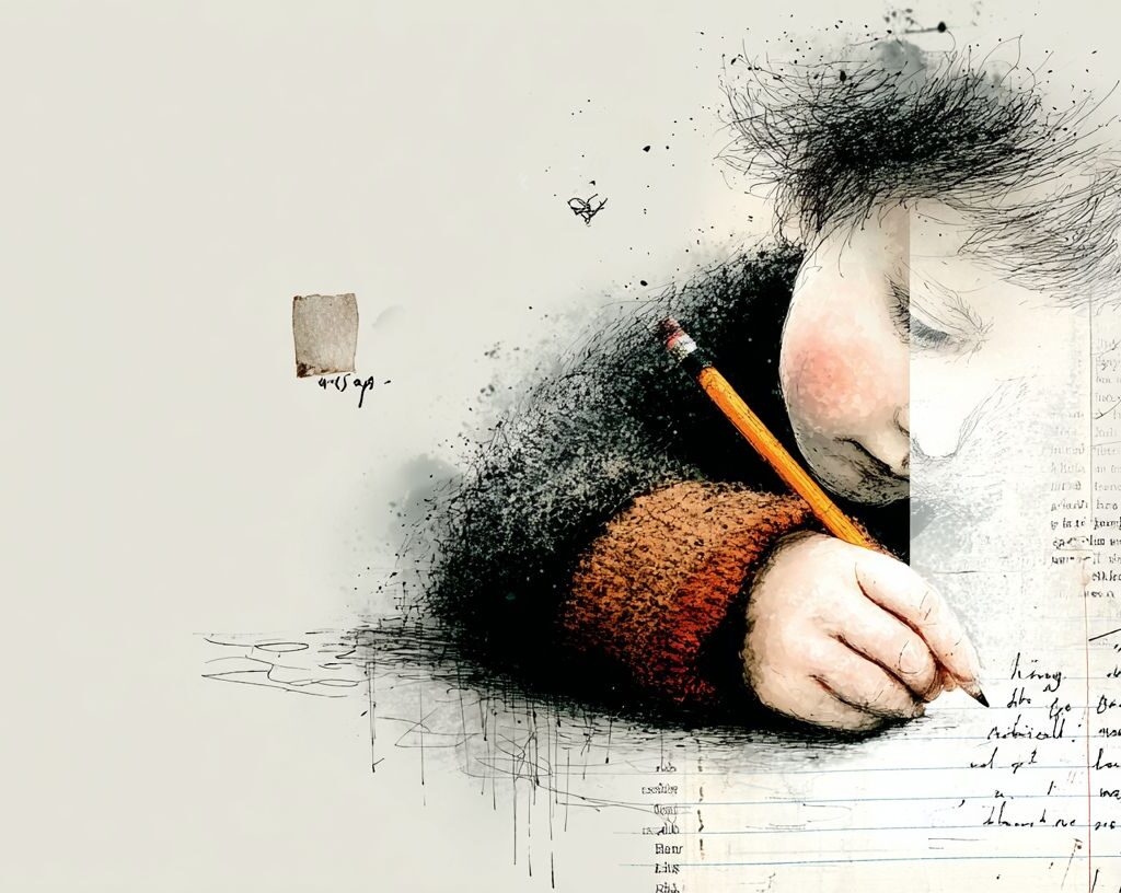 Ein Kind in einem braunen Pullover, das konzentriert mit einem Bleistift auf Papier schreibt. Neben dem Kind sind verschwommene Schriftzüge und Textfragmente zu sehen, die die kreative Atmosphäre unterstreichen.