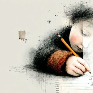 Ein Kind in einem braunen Pullover, das konzentriert mit einem Bleistift auf Papier schreibt. Neben dem Kind sind verschwommene Schriftzüge und Textfragmente zu sehen, die die kreative Atmosphäre unterstreichen.