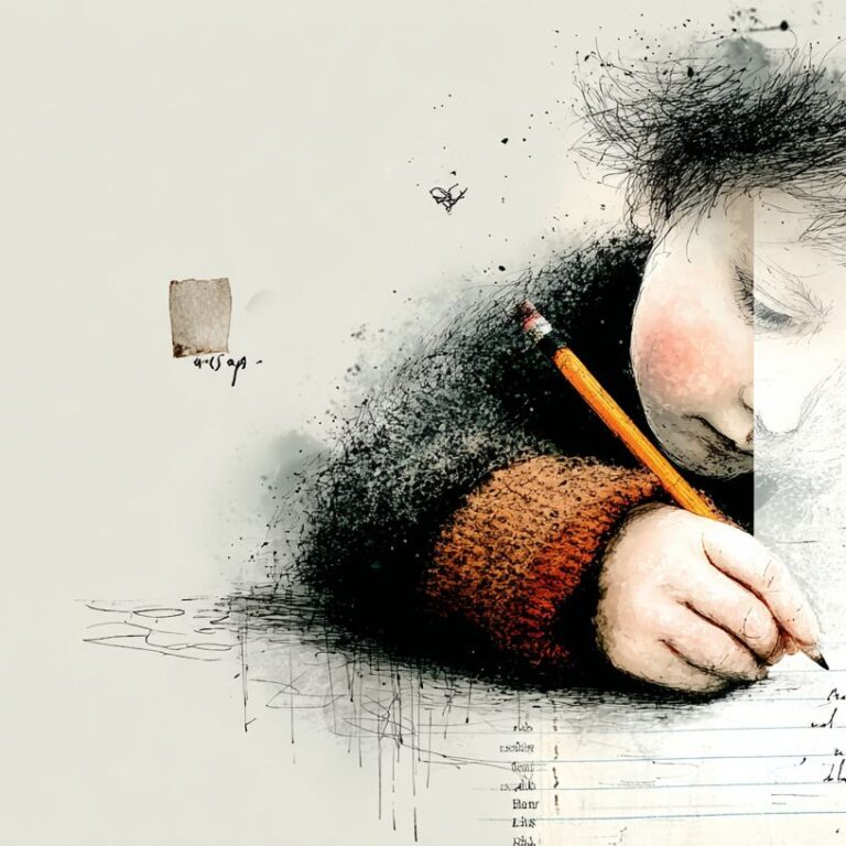 Ein Kind in einem braunen Pullover, das konzentriert mit einem Bleistift auf Papier schreibt. Neben dem Kind sind verschwommene Schriftzüge und Textfragmente zu sehen, die die kreative Atmosphäre unterstreichen.