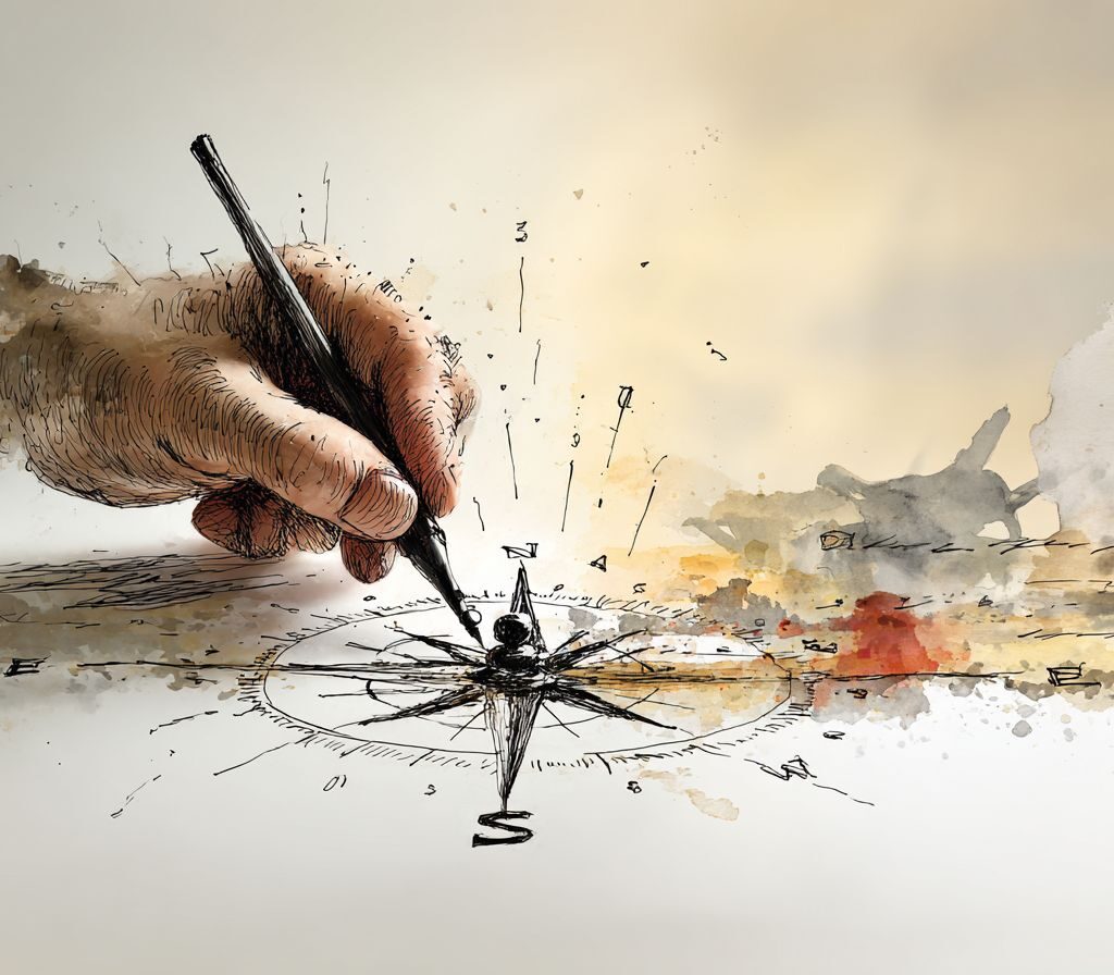 Eine Hand, die mit einem Stift einen Kompass auf eine leicht verblasste, künstlerische Unterlage zeichnet. Der Hintergrund ist in sanften Farbverläufen gehalten, die eine kreative Atmosphäre schaffen.