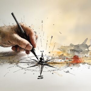 Eine Hand, die mit einem Stift einen Kompass auf eine leicht verblasste, künstlerische Unterlage zeichnet. Der Hintergrund ist in sanften Farbverläufen gehalten, die eine kreative Atmosphäre schaffen.