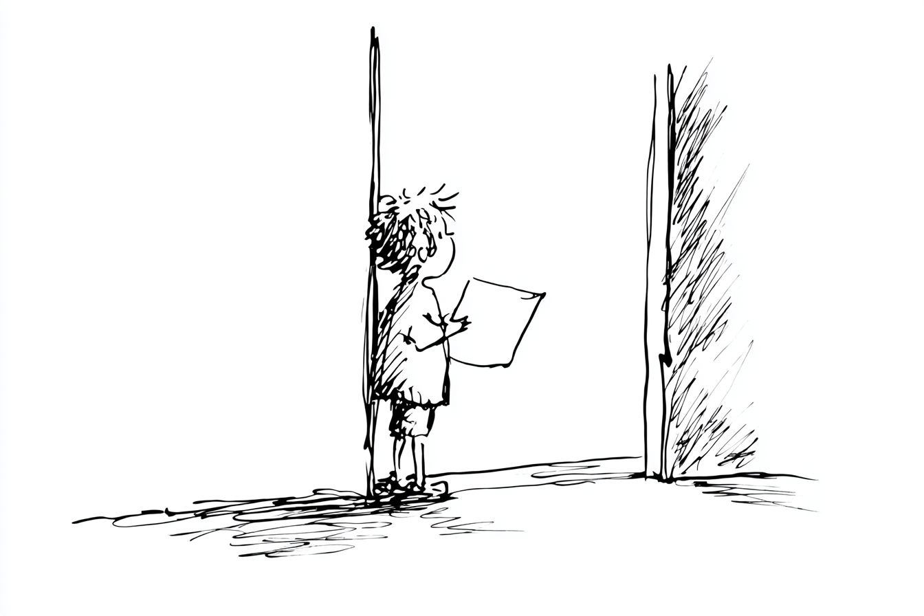 Ein junger Junge steht an einer Tür und hält ein Blatt Papier in der Hand, während er nachdenklich in den Raum schaut. Sein strubbeliges Haar und die kindliche Haltung strahlen Neugier aus.