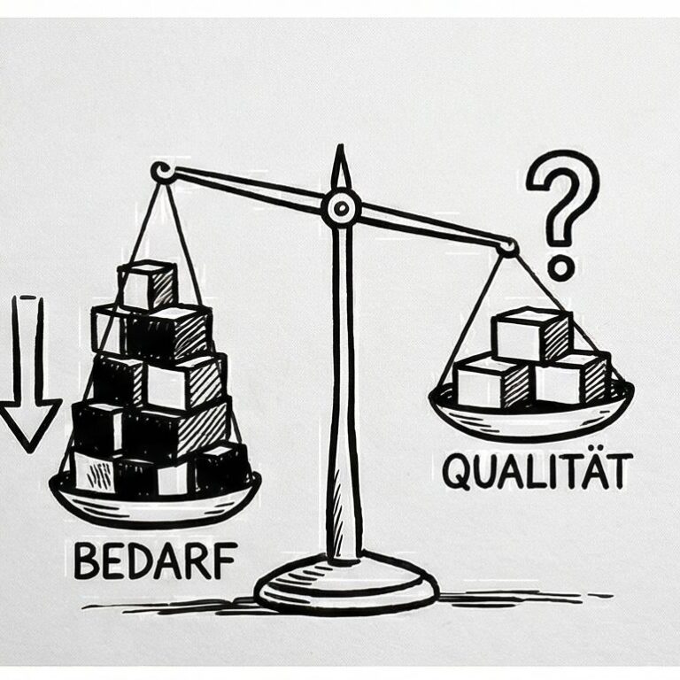 Illustration einer Waage, die Bedarf und Qualität gegeneinander abwägt. Auf der linken Seite sind gestapelte, schwarze und weiße Blöcke für Bedarf zu sehen, während die rechte Seite die Frage nach der Qualität mit einer geringeren Menge an Blöcken darstellt.