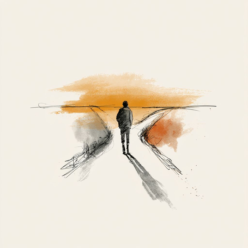 Figur an einer Wegscheide in weiter Landschaft