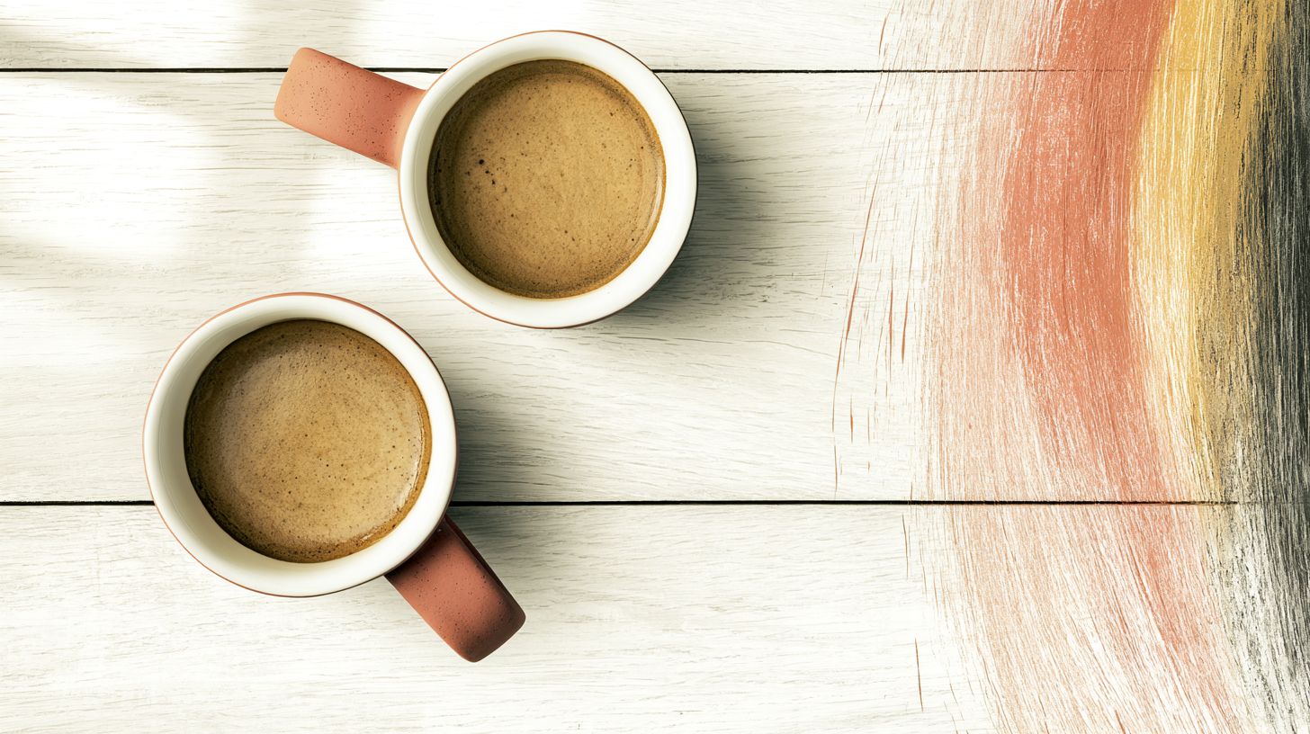 Zwei Kaffeetassen auf einem hellen Holztisch, eine mit einem rosafarbenen Henkel, zwei Tassen nebeneinander, umgeben von sanften Farbschattierungen.