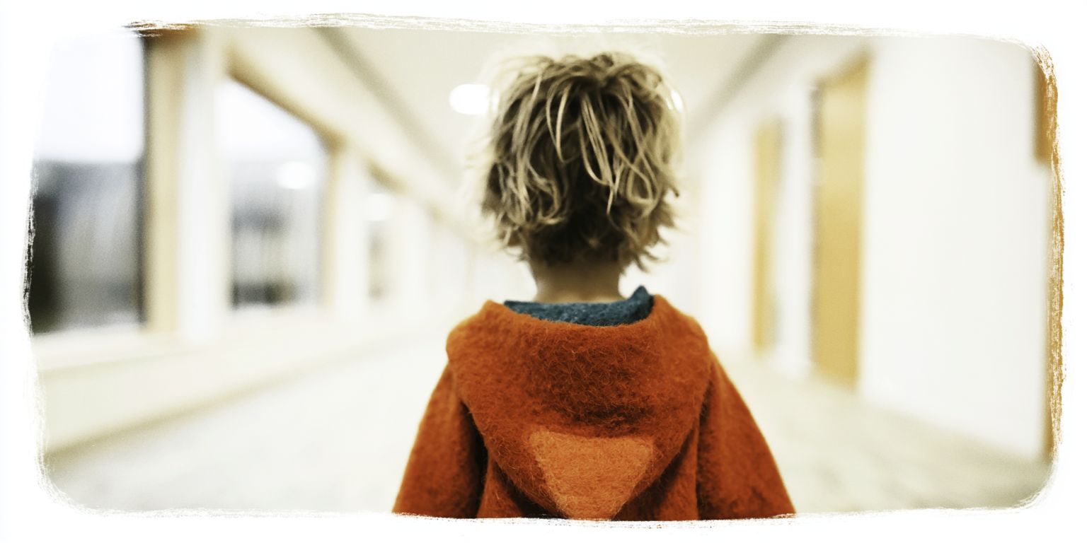 Ein Junge mit lockigem, blondem Haar und einem orangefarbenen Hoodie steht mit dem Rücken zur Kamera in einem langen, hellen Flur.