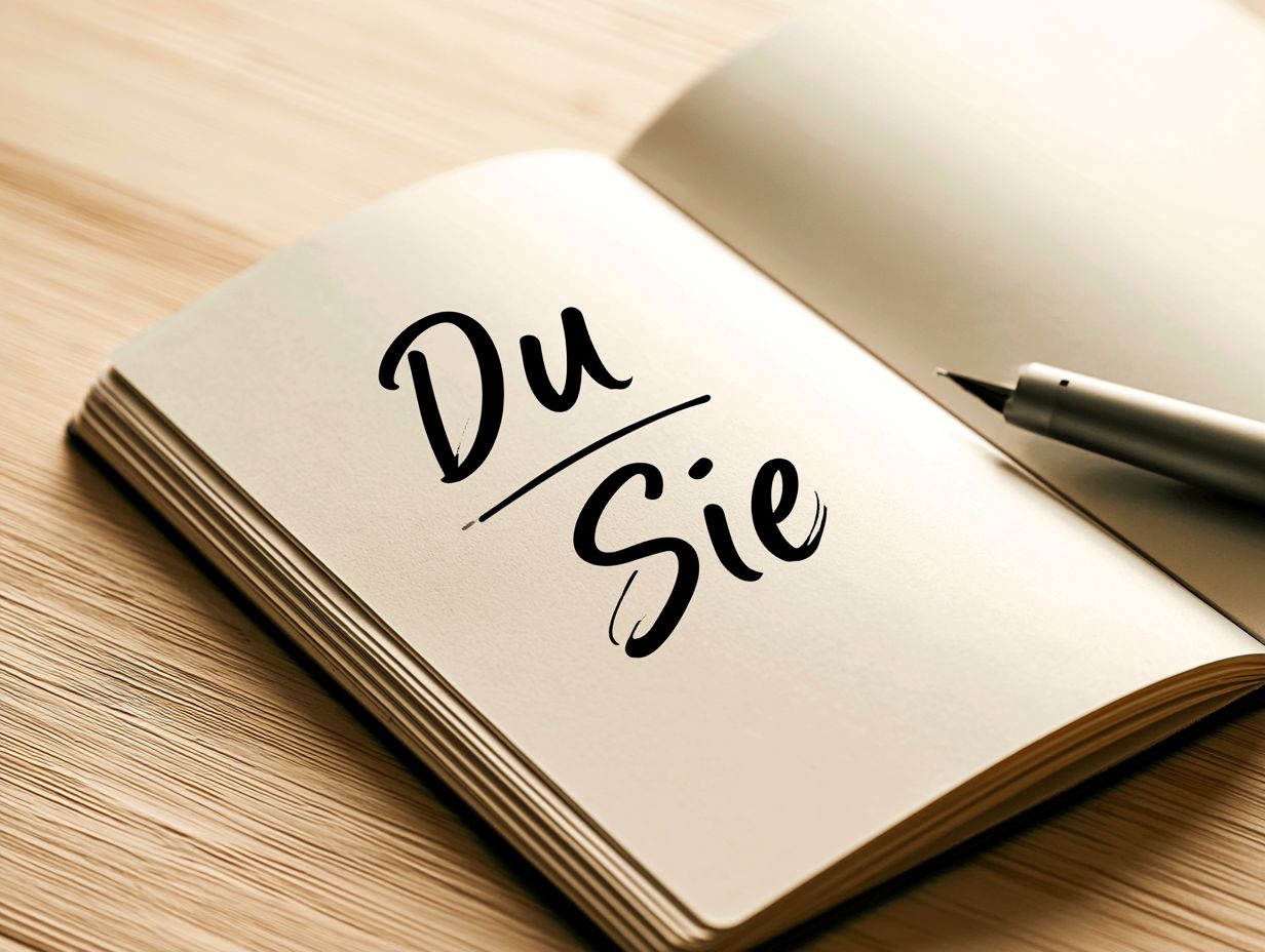 Auf einer offenen Seite eines Notizbuchs stehen die Worte "Du" und "Sie" in künstlerischer Schrift, daneben liegt ein Füller auf dem Tisch.