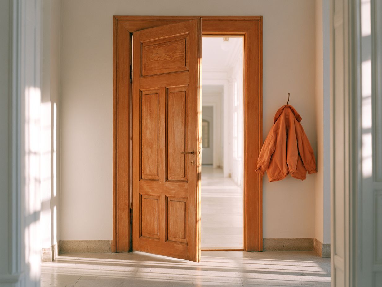 Die offene Holztür lässt Sonnenlicht in den Raum strömen. An der Wand hängt eine orangefarbene Jacke.