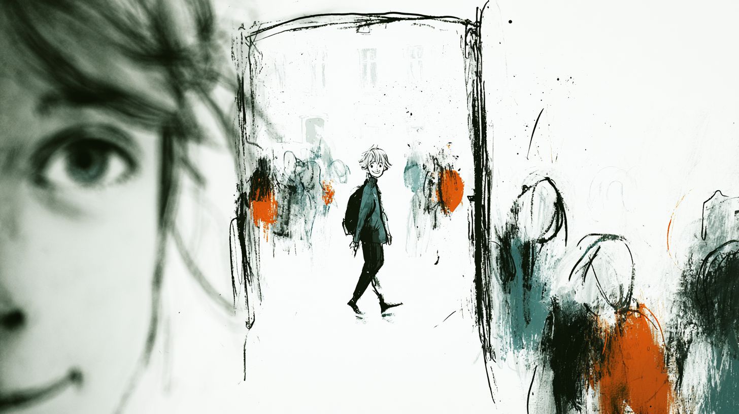 Künstlerische Illustration eines Blicks durch eine offene Tür auf ein ankommendes Kind