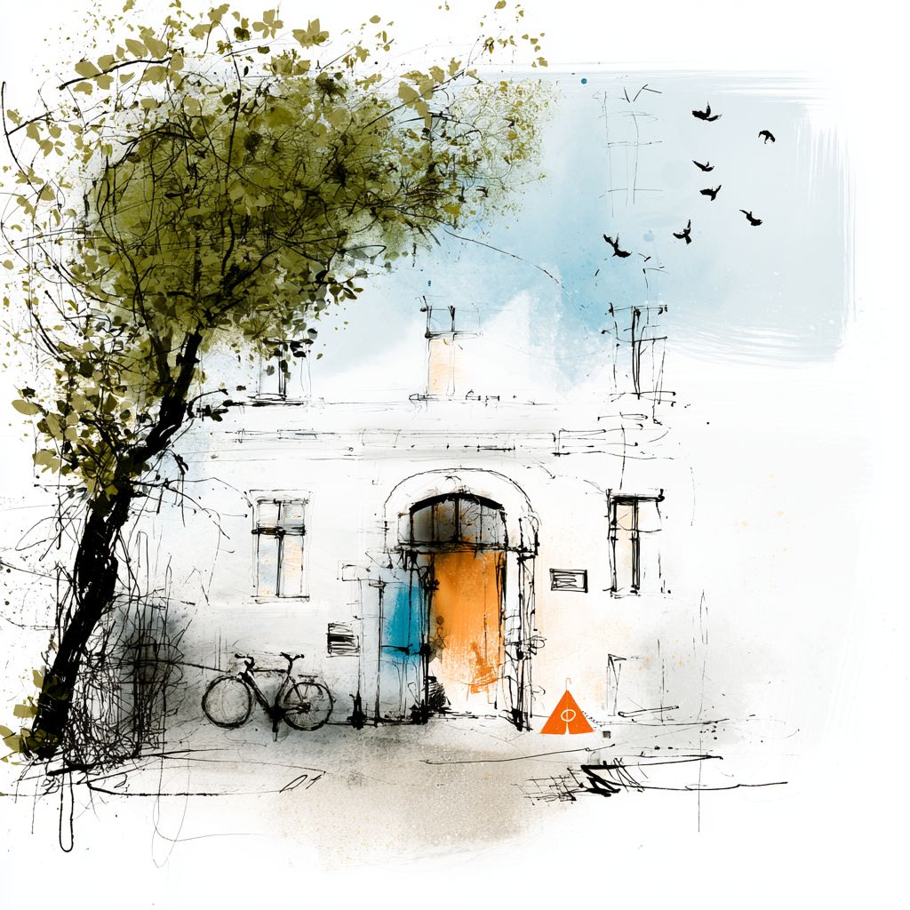 Illustration des Schulhauses der OVS Zeltgasse mit Baum, Fahrrad und offenem Eingang
