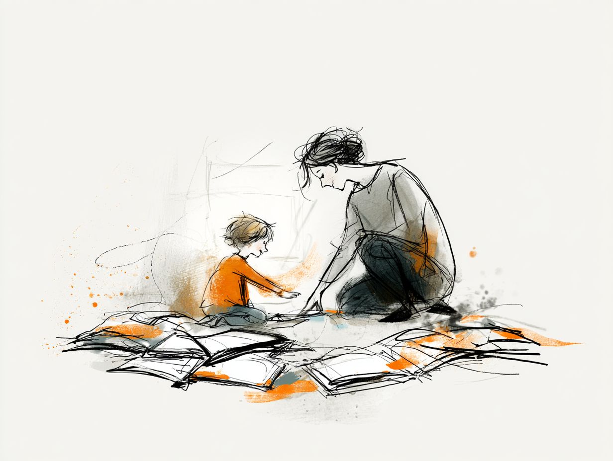 Illustration einer Pädagogin, die gemeinsam mit einem Kind zwischen offenen Büchern liest